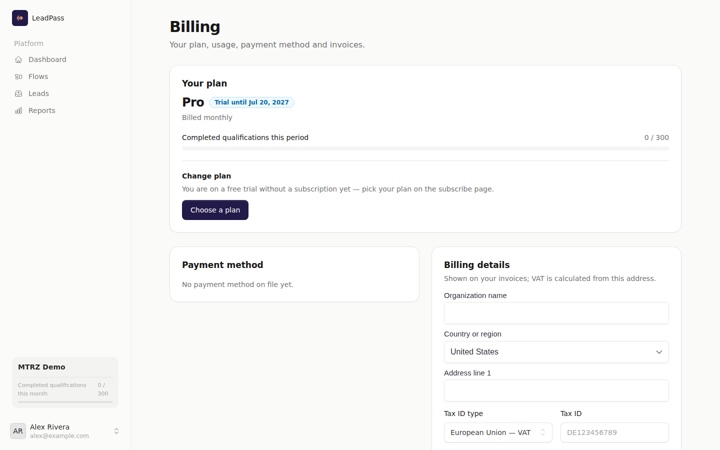 The Billing page: plan and trial status, the qualification usage meter, payment method and billing details