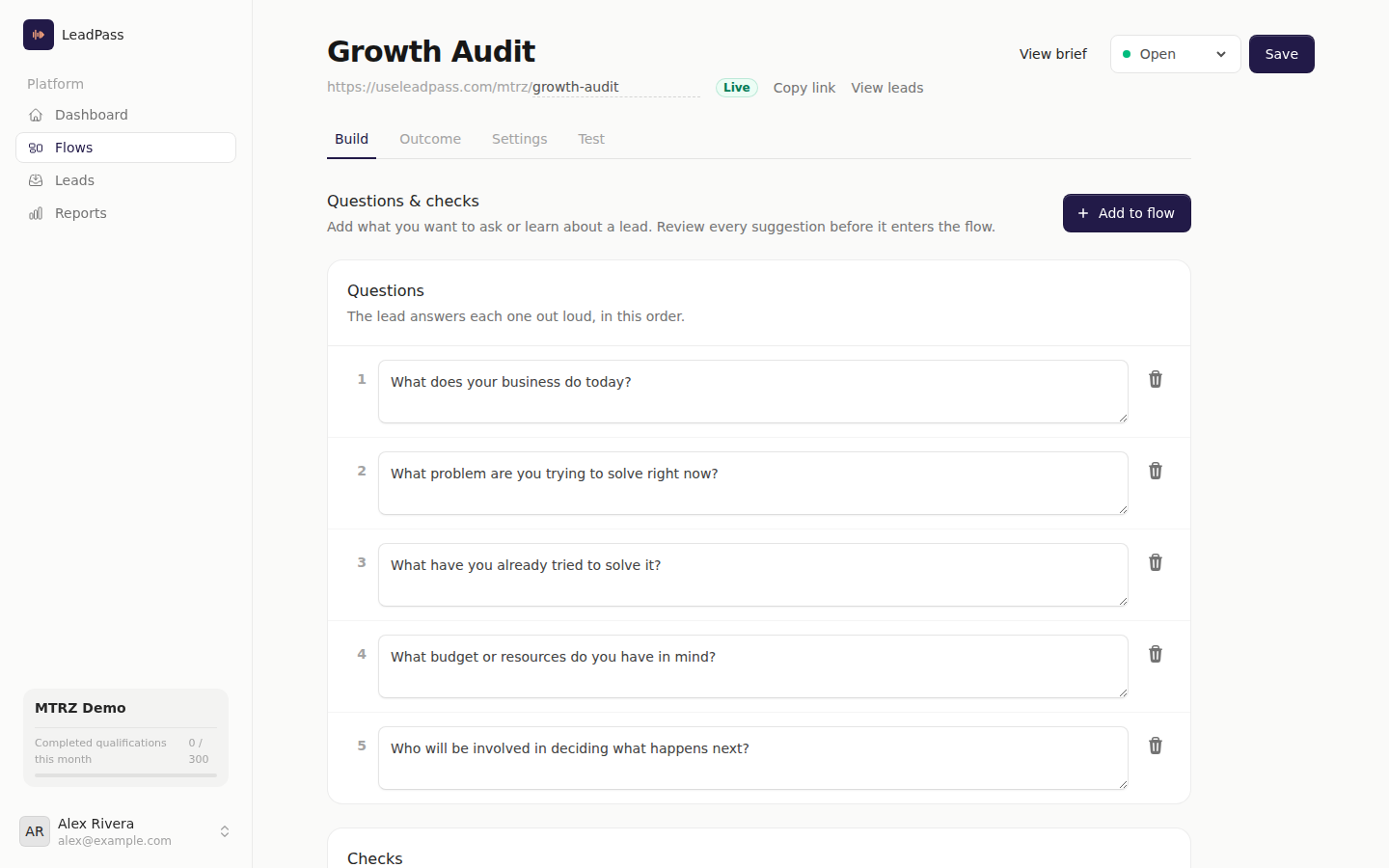 The flow editor: the public link with its Live badge, the Build / Outcome / Settings / Test tabs, and the questions list