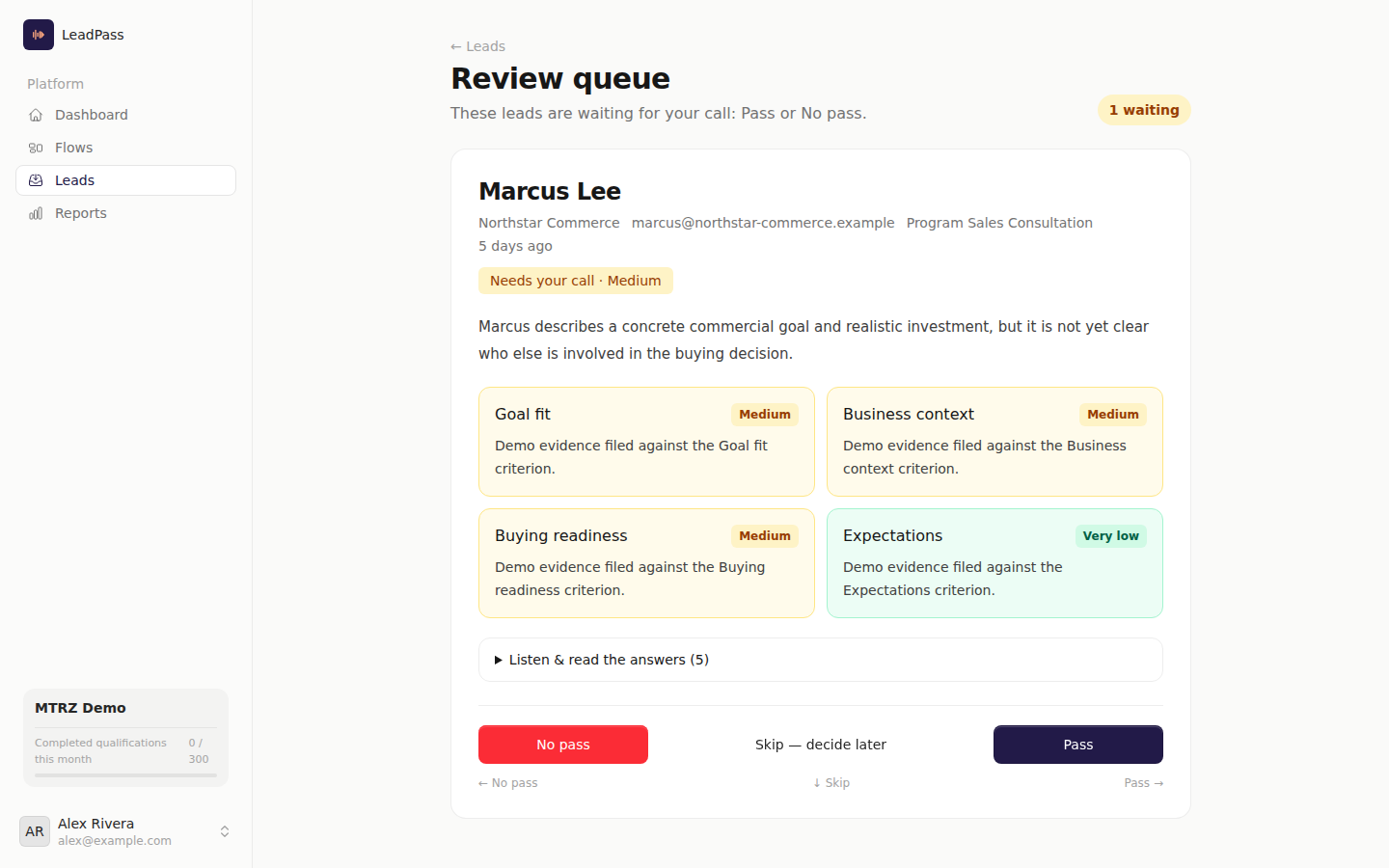 The review queue: one lead at a time with its summary, criteria bands and the Pass / Skip / No pass controls