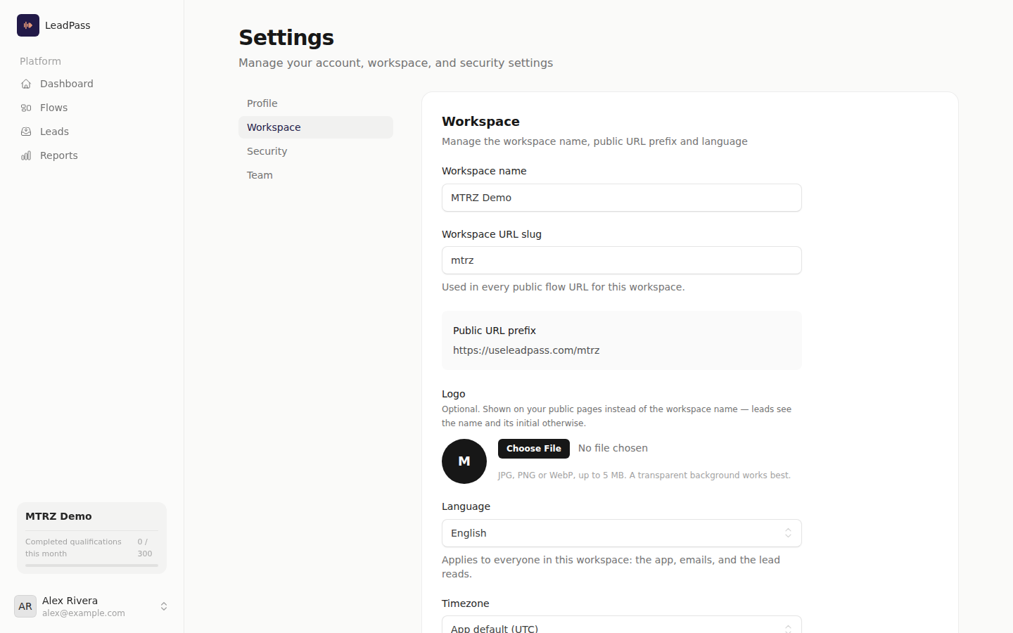 Workspace settings: name, public URL slug, logo, language and timezone